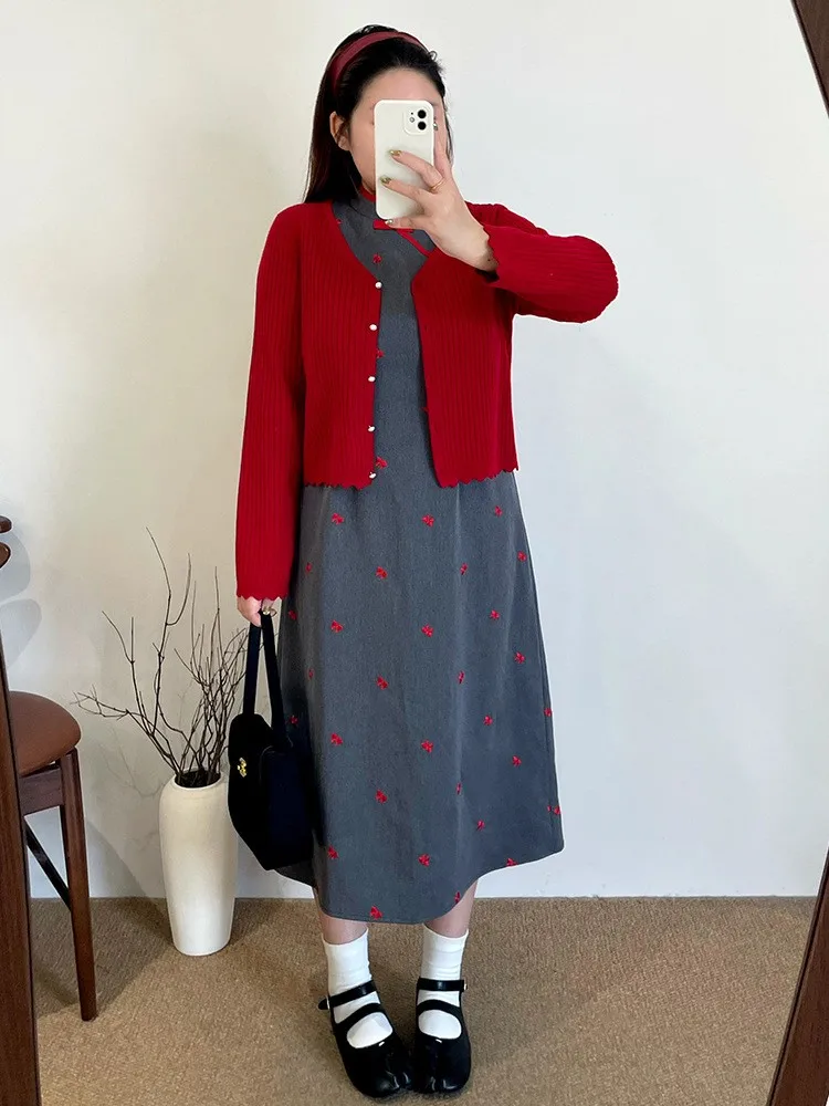 

Spring Women's Clothing Plus Size Chinese Embroidered Knit Two- Set Cardigan Midi Dress For Tr Sweet Floral P