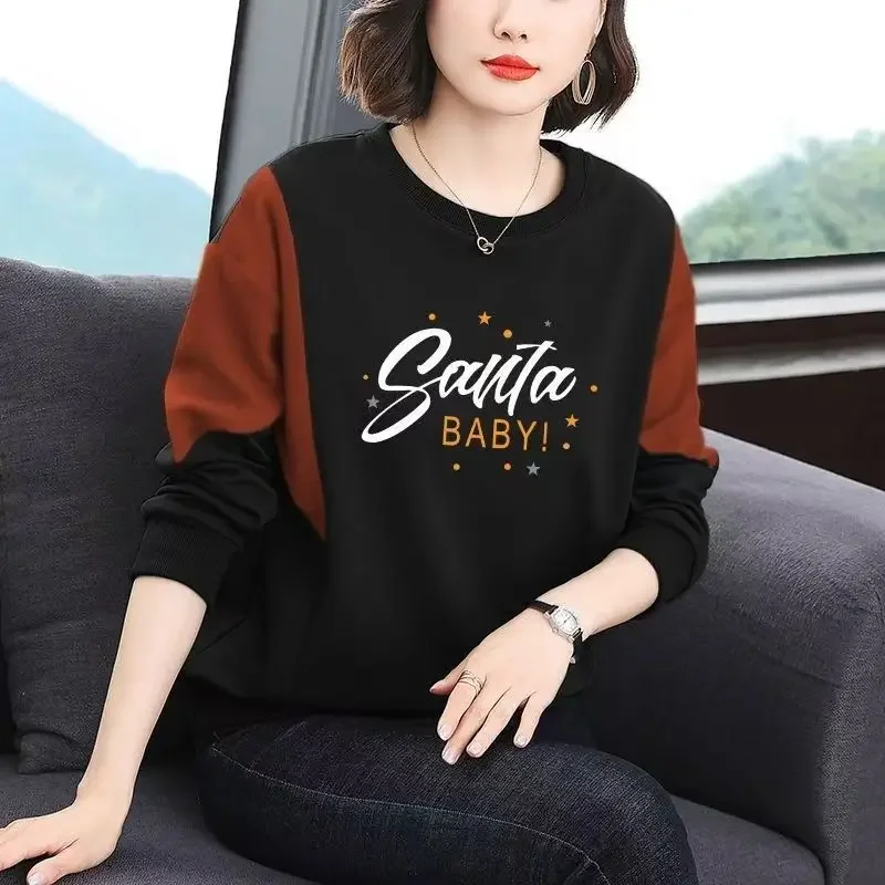 เสื้อยืดแขนยาวผู้หญิง ผ้ากำมะหยี่เยอรมัน ตัดต่อสีตัดกัน ดีไซน์หลวม ใส่แล้วดูอ่อนวัย  สำหรับผู้หญิง