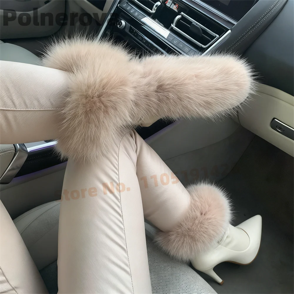 

Женские пушистые меховые сапоги до середины икры, зимние ботинки на высоком каблуке-шпильке с острым носком, роскошные теплые туфли с ремешками из бежевого лисьего меха