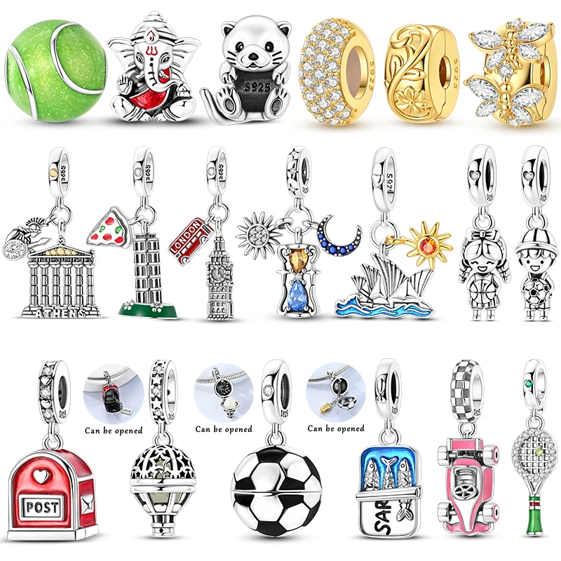 Colgante de Plata de Ley 925, Dijes y Cuentas Compatibles con Pulseras Originales, Joyería DIY con Motivos de Kart, Nutria, Reloj de Arena, Big Ben y Pescado Enlatado para Mujer
