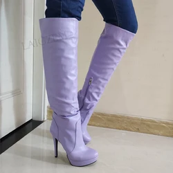 LAIGZEM Women Over Knee High Boots Pleated Side Zip Faux Leather Slim High Heels Boots Handmade Shoes Woman Big Size 41 42 47 52