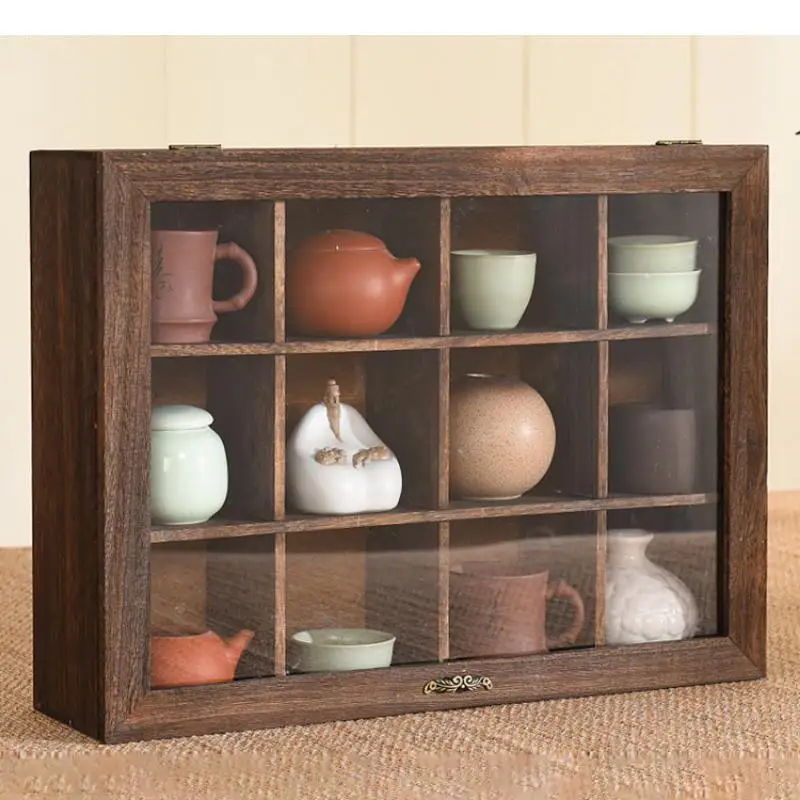 Multi-grid Solid Wood Storage Box Glass Cover Display Dustproof Shelf Tea Jewelry Boxes Cosmetics Organizer