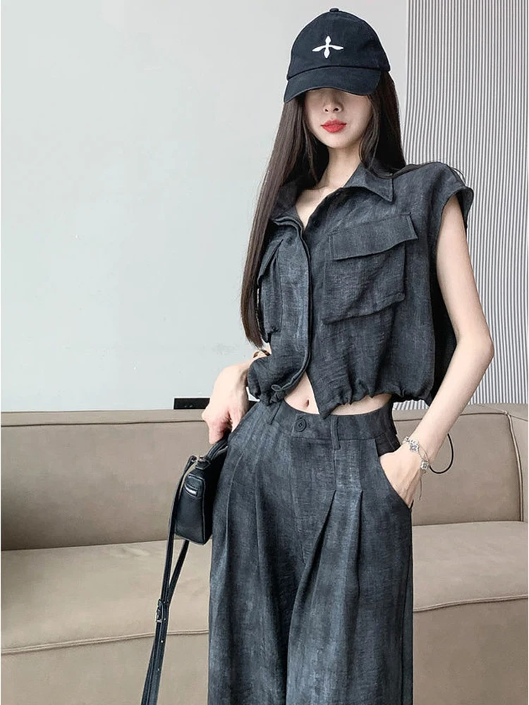 Fashion Two Piece Set Women Shirt Top + High Waist Wide Leg Pants Summer 2 Piece Pant Sets Outfits