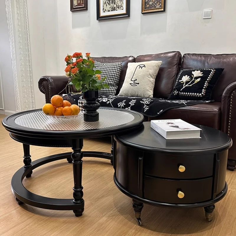 

American retro round all solid wood combination coffee table living room home light French high-end tea table simple black