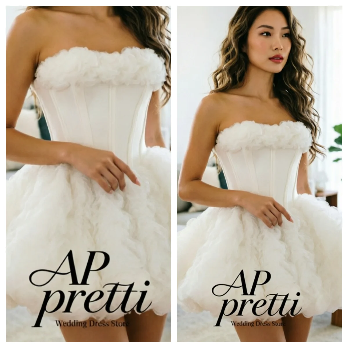 AP pretti Customized Playful Strapless 3D Floral  Bridal Gown Tulle Short Ball Gown Wedding Dresses For Woman Vestidos De Novia