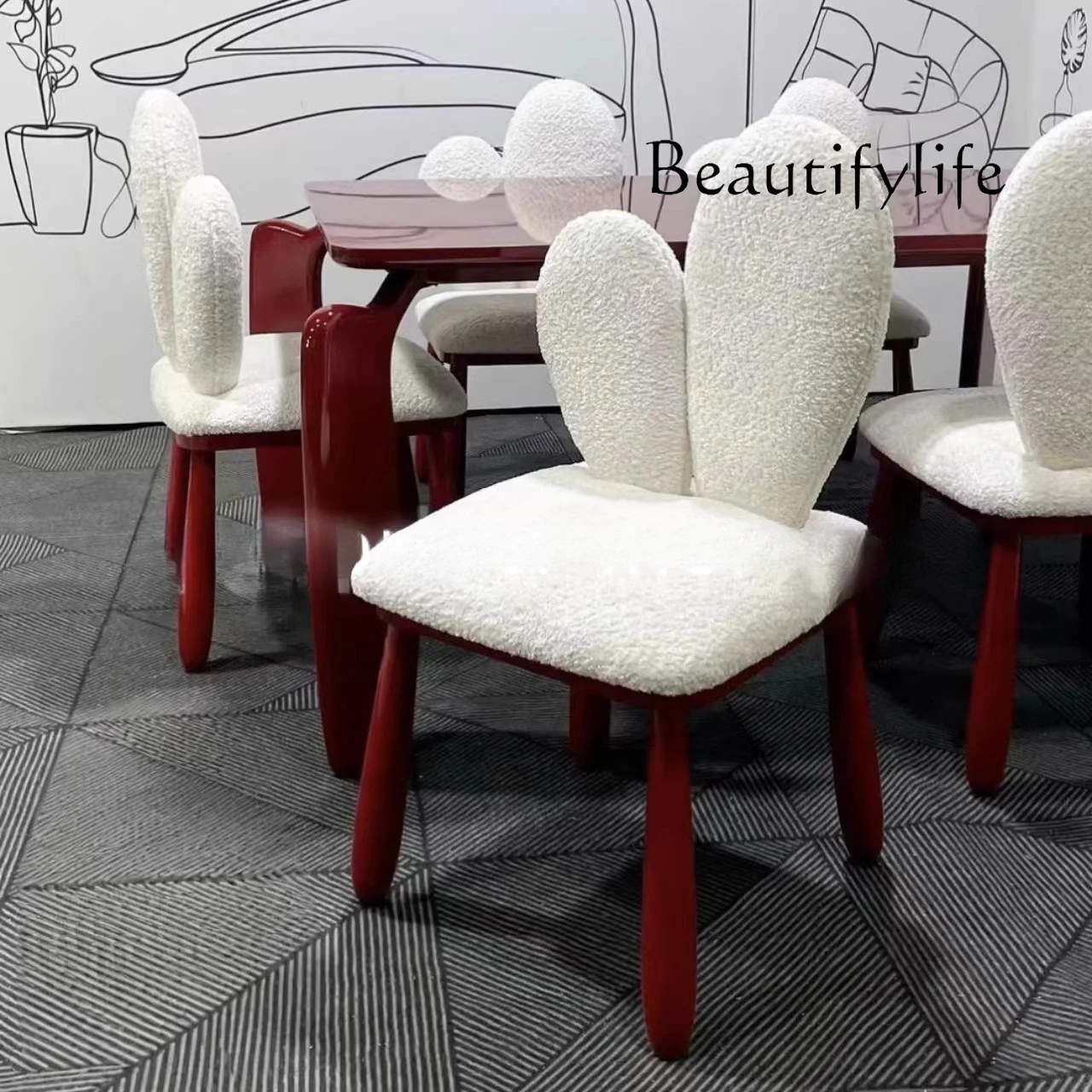 

Medieval red lamb wool dining chair household French retro designer new high-end solid wood leisure chair