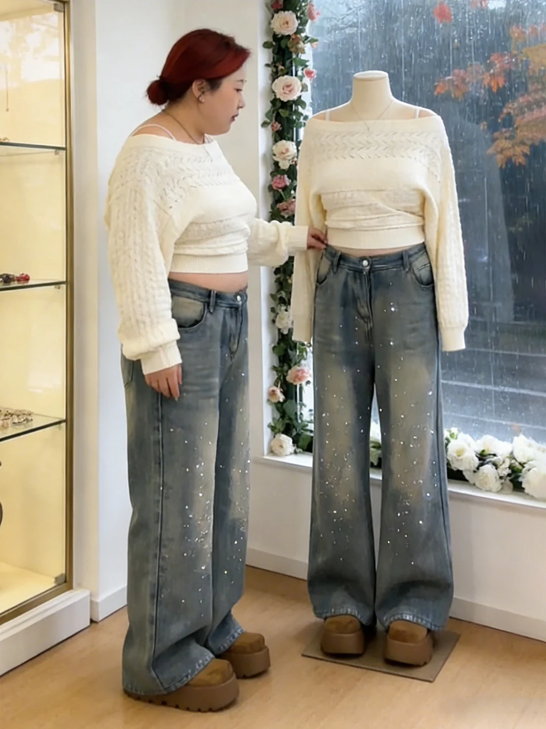 

Rhinestone Denim Jeans Women's Spring 2026 plus Size Slimming Straight Leg Wide Leg Pants High Waist Casual Sle