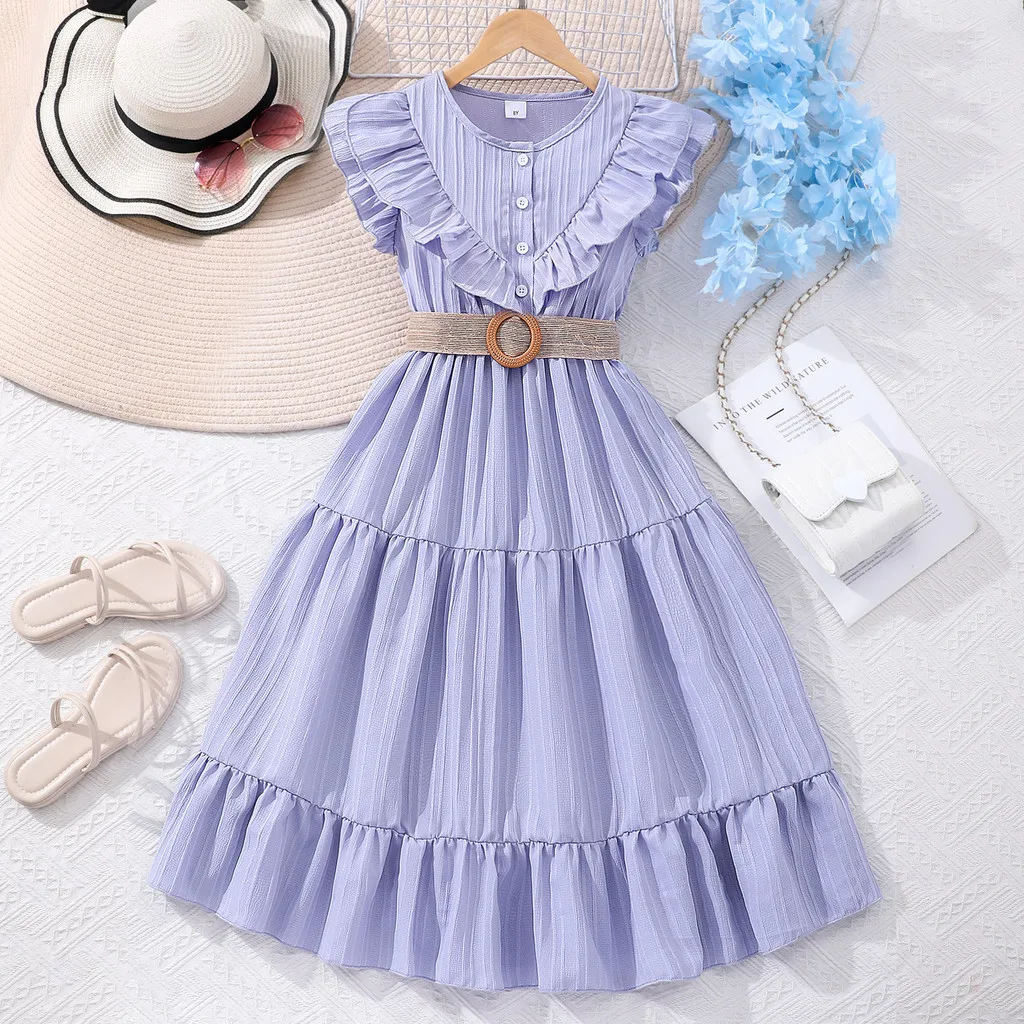 Kids Dress Teens Girls Clothing Short Sleeve Summer Korean Style Children Clithes Ruffled Girls Dress Kids Girl 8 9 10 11 12 Y