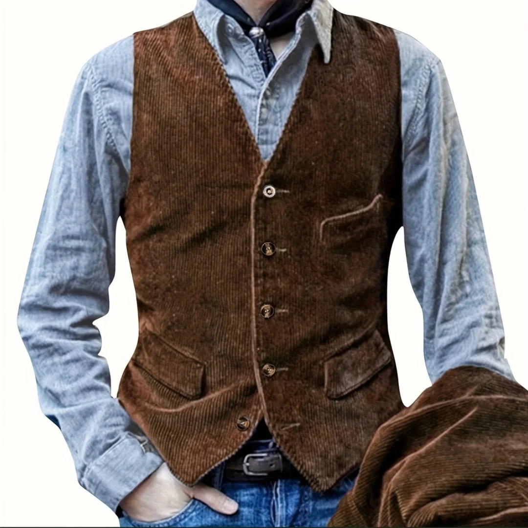 Men's Casual Retro Striped Solid Color Jacket Vest, Elegant and Fashionable V-Neck Corduroy Sports Jacket for Spring and Autumn