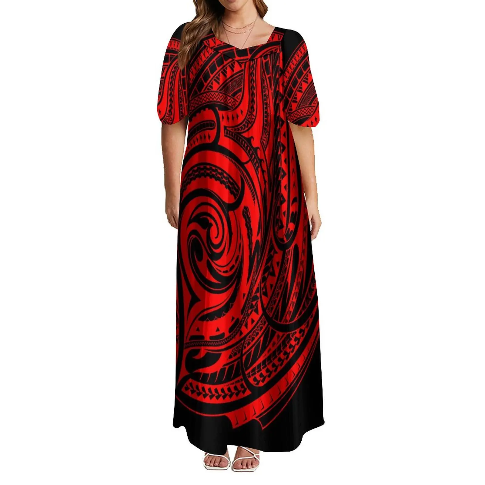 Samoan Women Polynesian Tribeswoman Short Sleeve Dress High Quality Evening Loose And Floor-Length Dress Support Design