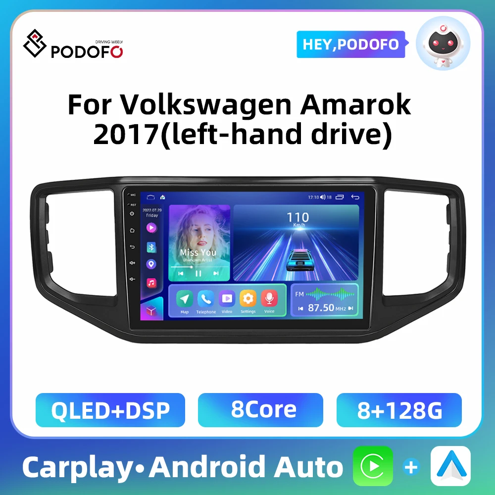 Podofo 2Din AI Voice Car Radio For Volkswagen Amarok 2017 9'' Multimedia Player Carplay Android Auto GPS 4G WIFI DSP Car Stereo