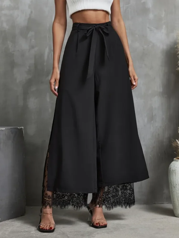 Women Wide Leg Trousers Elastic Back Waist Side Slit Lace Spliced High Waist Belted Pants Party Street Outfit