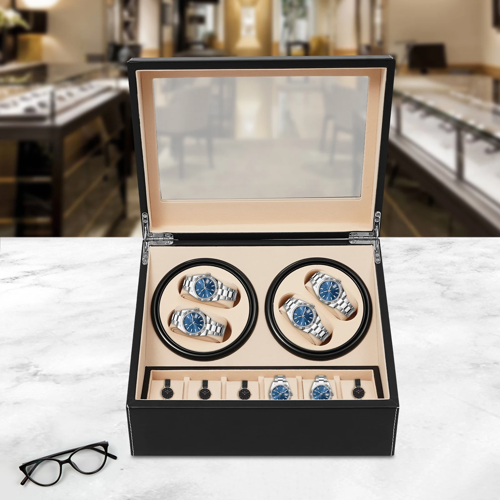 4 + 6 فتحات ماكينة لف ساعات أوتوماتيكية، علوية من جلد البولي يوريثان الزجاجي، صندوق عرض للساعة، حقيبة تخزين المجوهرات، بني/أسود #2