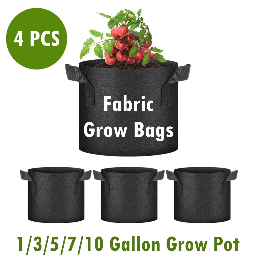 1/3/5/7/10 Gallon Black Fabric Garden Plant Grow Bags Portable Vegetable Flower Pot Planter DIY Potato Garden Pot Planter 4PCS