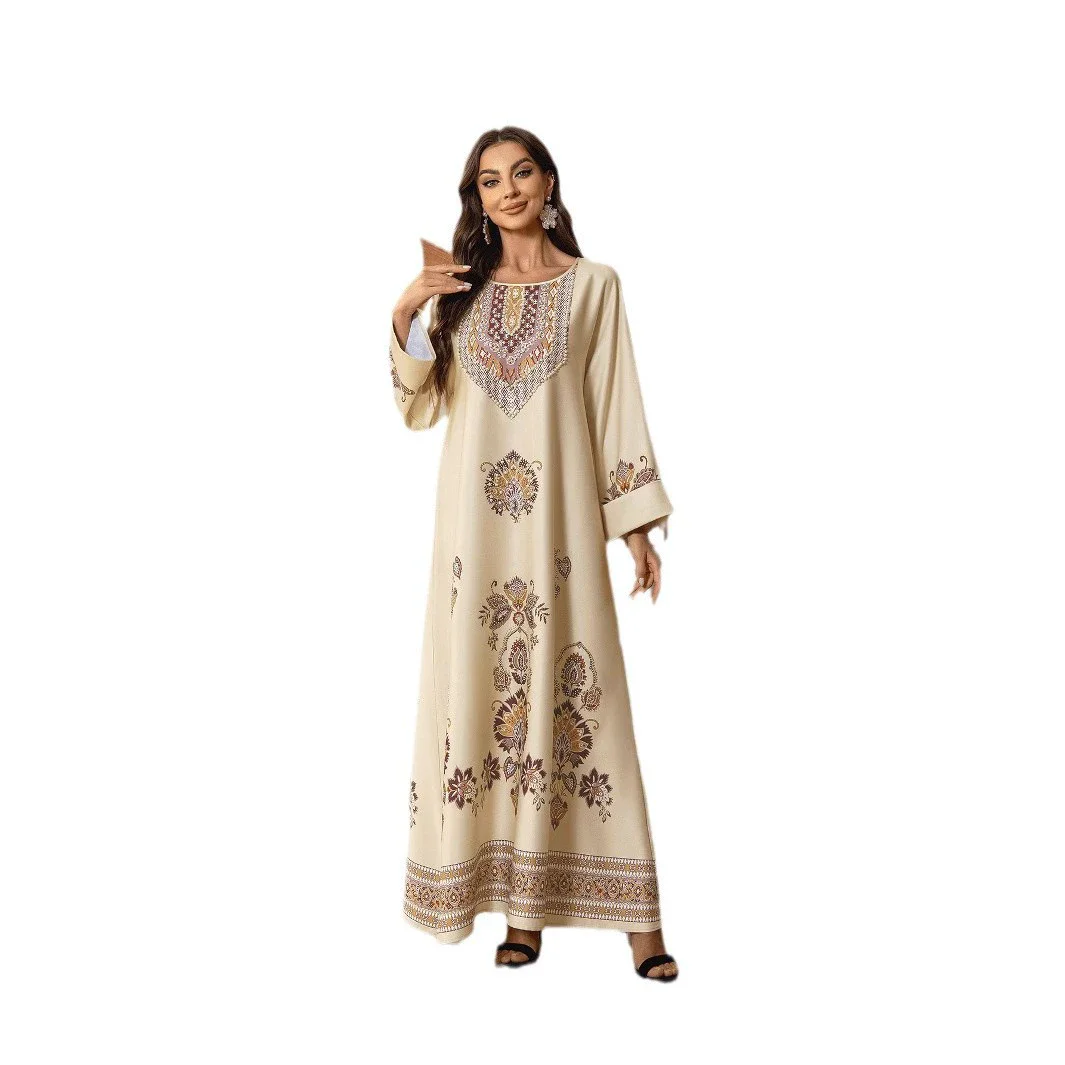 Moyen-Orient arabie saoudite musulman luxe mode islamique Ramadan Robe col rond imprimé diamant clouté ample a-ligne Robe