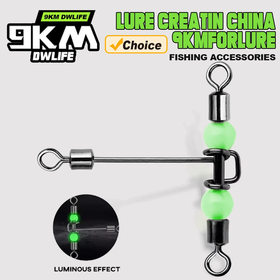 9KM 10Pcs 3 Weg Wirbel Drei Weg Angeln Wirbel Tackle Edelstahl T-Form Angeln Barrel Roll Wirbel mit Glow Perlen