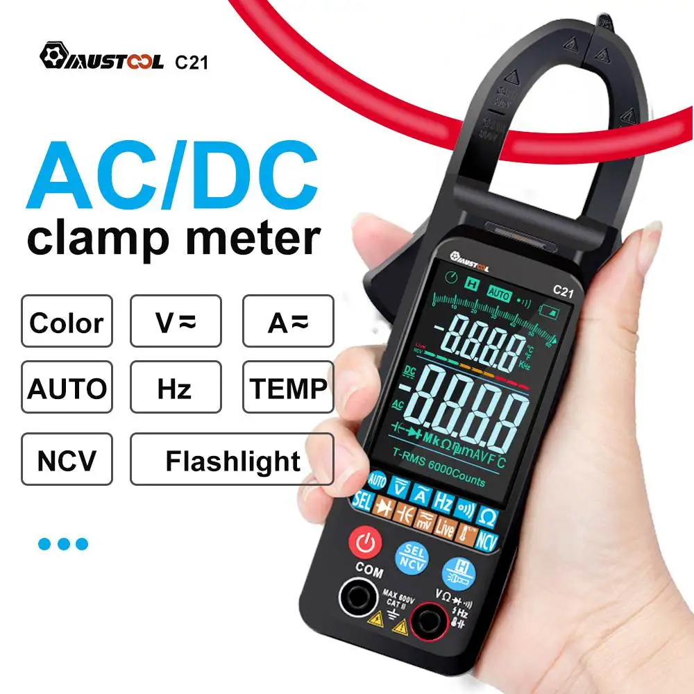 MUSTOOL C21 Clamp Meter Digital Multimeter Current 6000 Counts Ammeter Voltage Tester Car Amp Hz Capacitance NCV Ohm Test DC/AC