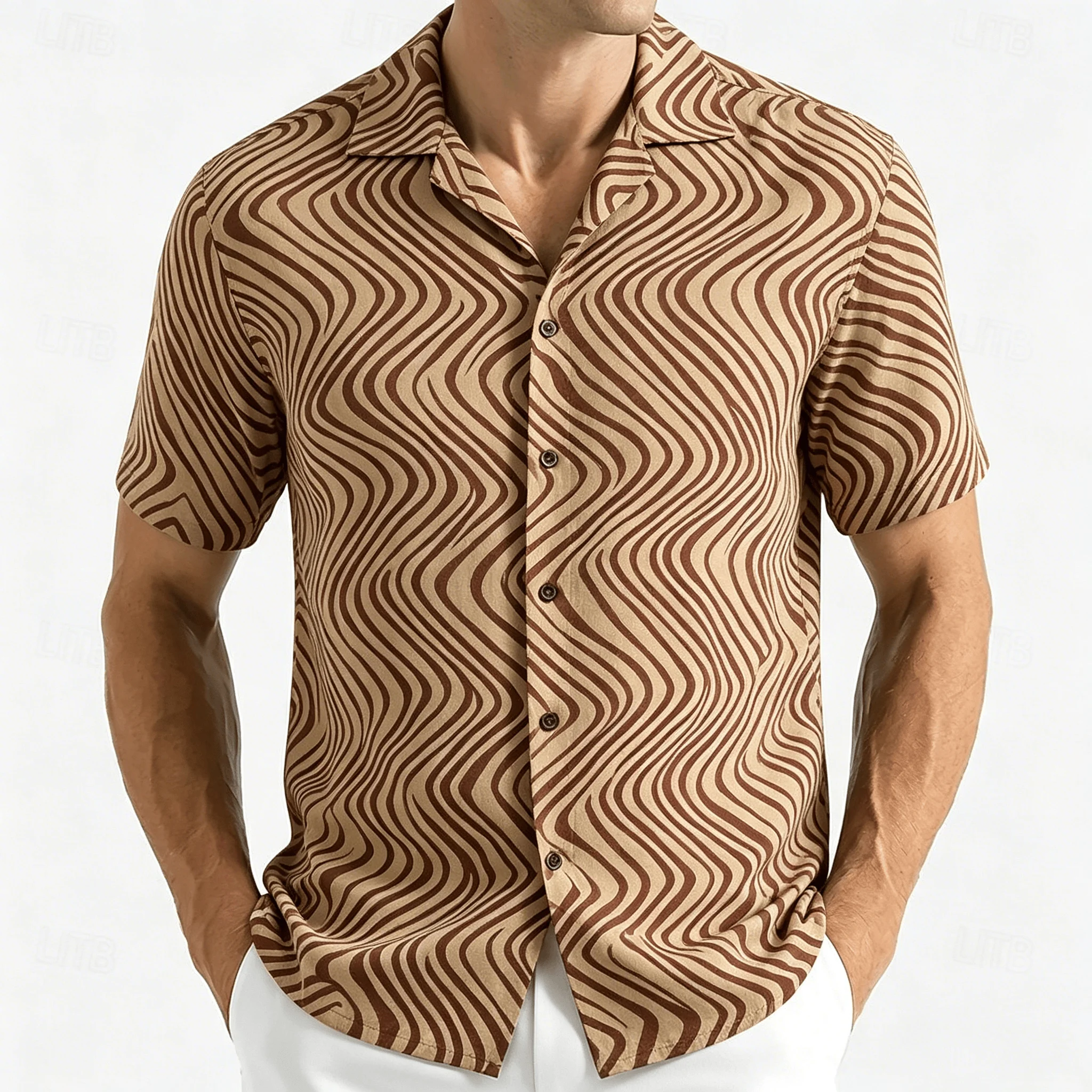 

Men's Vintage Wave Print Short Sleeve Shirt, Abstract Brown Pattern, Summer Casual