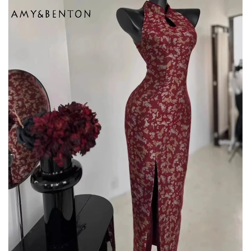 

Chinese Traditional Clothing 2025 Spring Summer Autumn Floral Print Slimming Fork Sexy Sleeveless Long Dresses Cheongsams Ladies