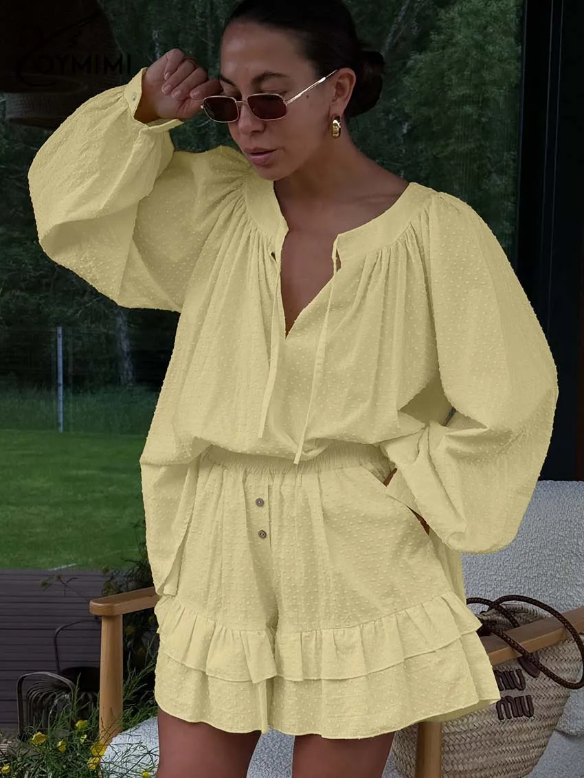 

Oymimi Элегантный желтый хлопковый женский комплект из 2 предметов, повседневные блузки с круглым вырезом и длинными рукавами на шнуровке, комплекты шорт с карманами на пуговицах