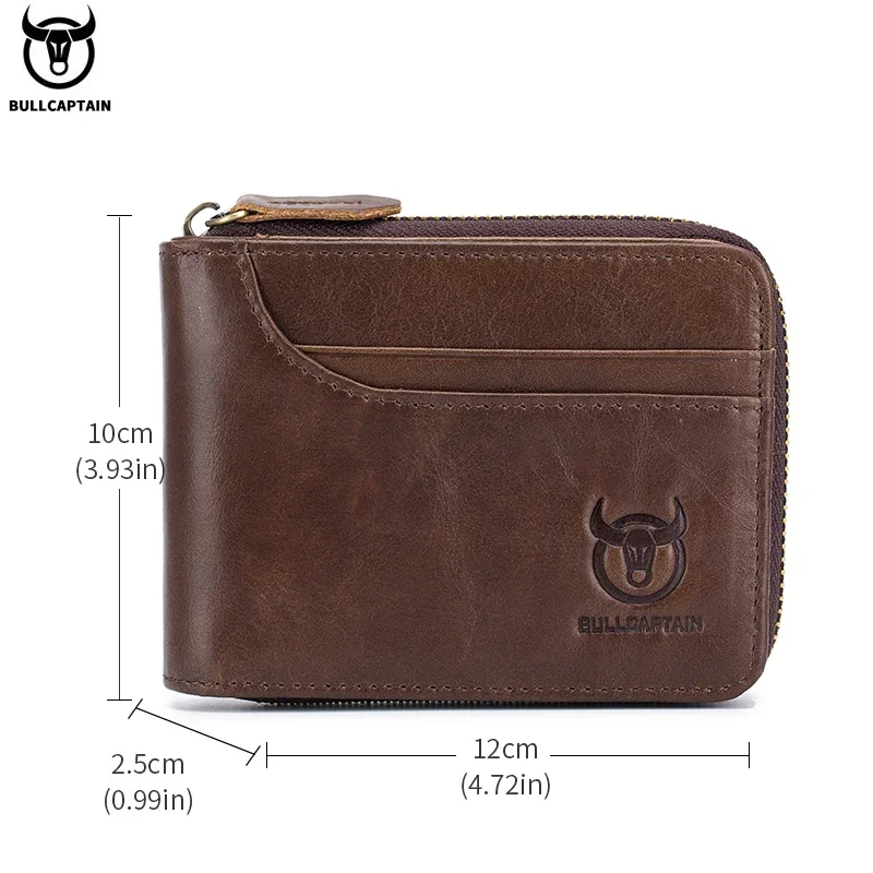 BULLCAPTAIN Men\'s Genuine Leather Wallet Business Casual Retro RFID Zipper Coin Purse Multi-Card Slot Cash Clip
