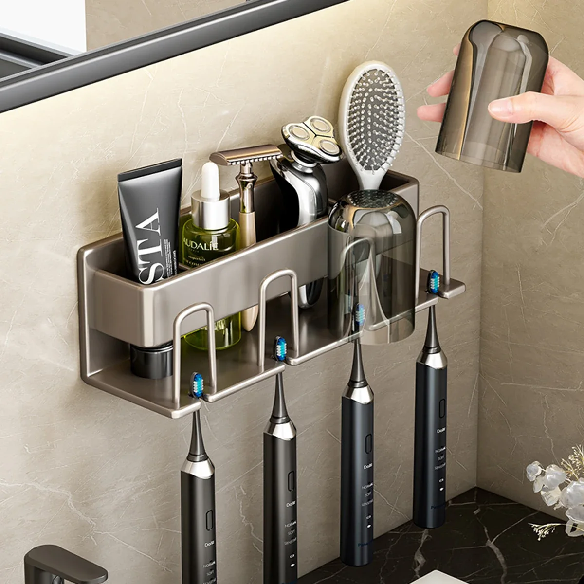 Toothbrush Holder Wall Mounted Mouthwash Cup Shelf No Drilling Adhesive Electric Toothbrush Holder Rustproof Space Aluminum