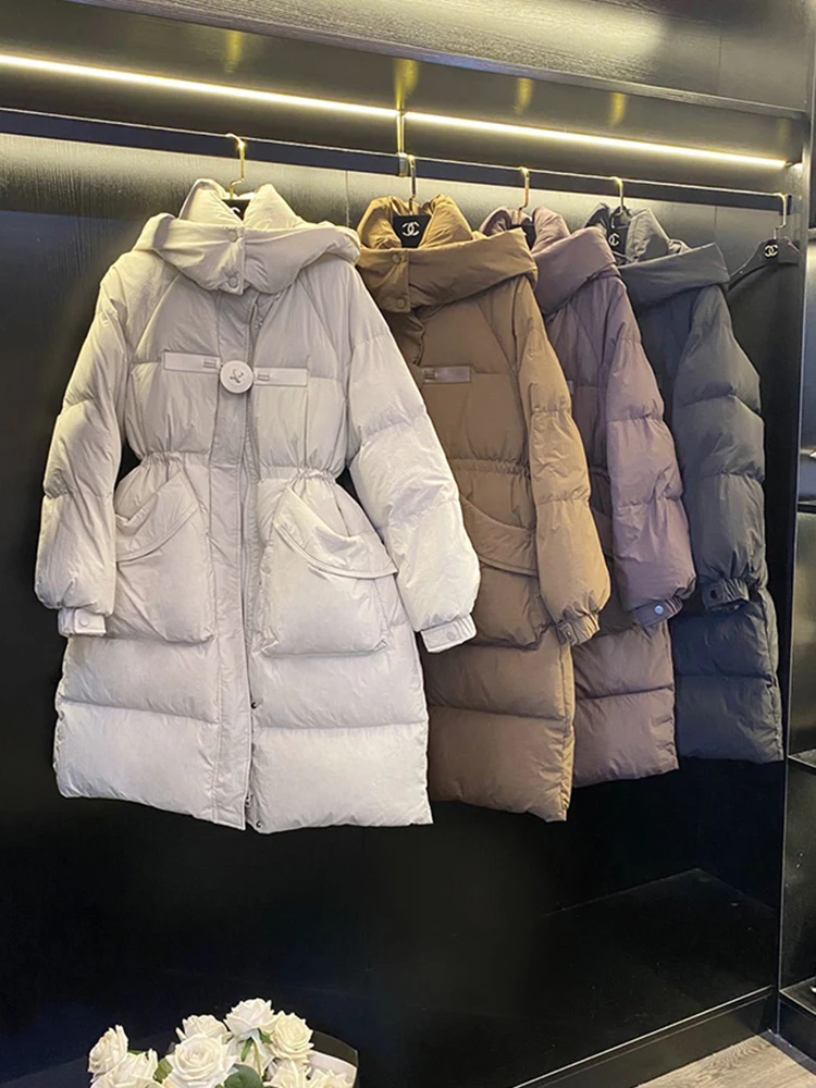 

Winter Mid Length Removable Hooded Down Jacket Female Big Pocket Versatile Warm Outwear Women White Duck Down Parker Down Jacket