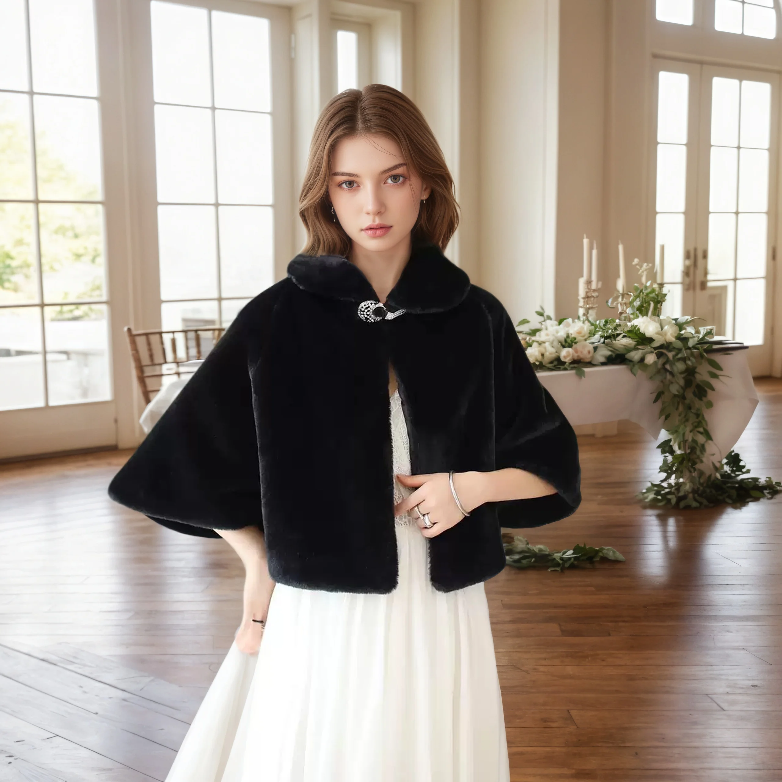

1 Piece of Handmade Women's Solid Color Shawl with Rhinestone Buttons, Elegant Knitted Shawl Cape, Perfect for Autumn and Winter, a Must-Have for Wedding Season, a Fashionable and Comfortable Layering Piece Essential for Women, Suitable for Casual Outings