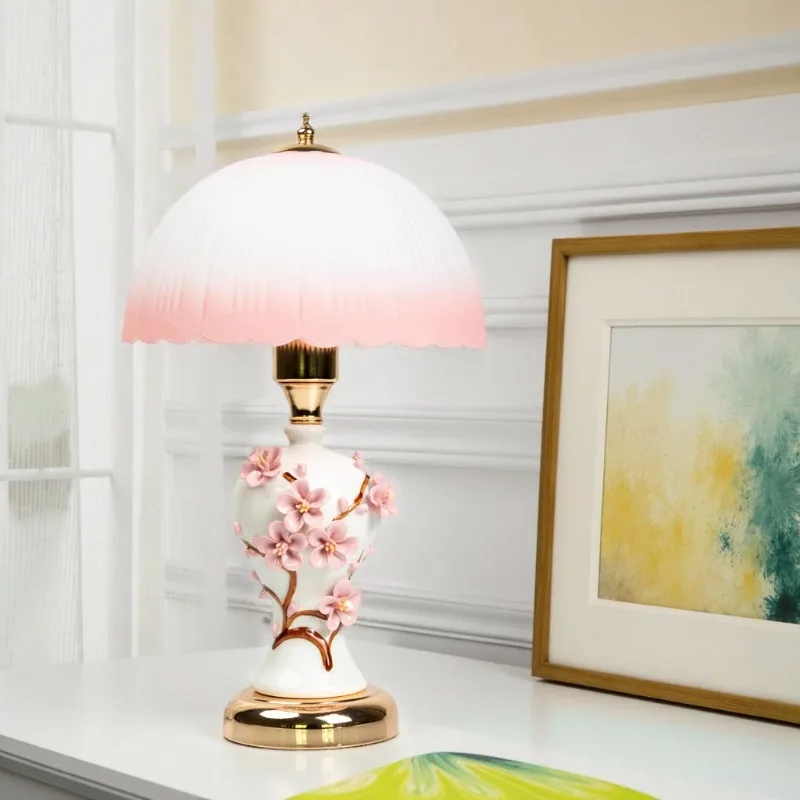 

Moden Hand-pinched Peach Blossom Ceramics Table Lamp White Pink Gradient Glass Lampshade Living Room Study Restaurant Desk Light