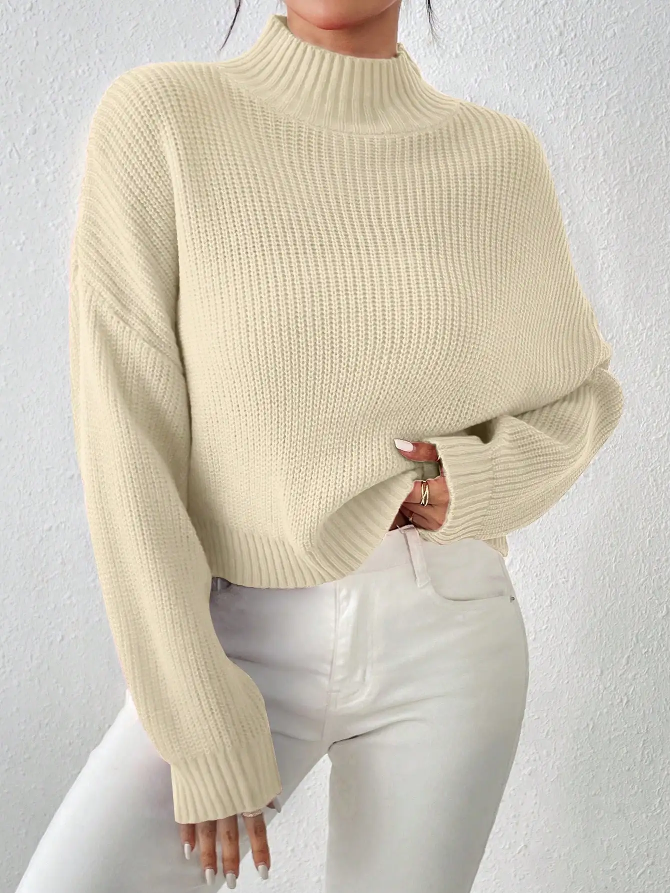 

Women's Short Ribbed Knit Pullover Sweater, Long Sleeve High Neck Casual Top
