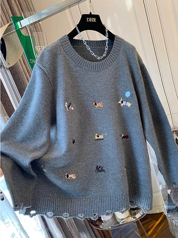 

Extra Large 300 Pounds Cartoon Embroidered Hole Knitted Sweater Women's Autumn Winter Design Sense Fashionable Youthful Knitw...