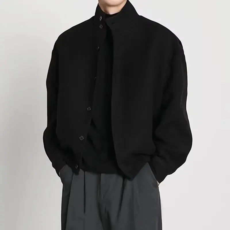 Mens Autumn Winter High End Stand Collar Wool Jacket Trendy Ins Ruffian Loose Top Streetwear Coat