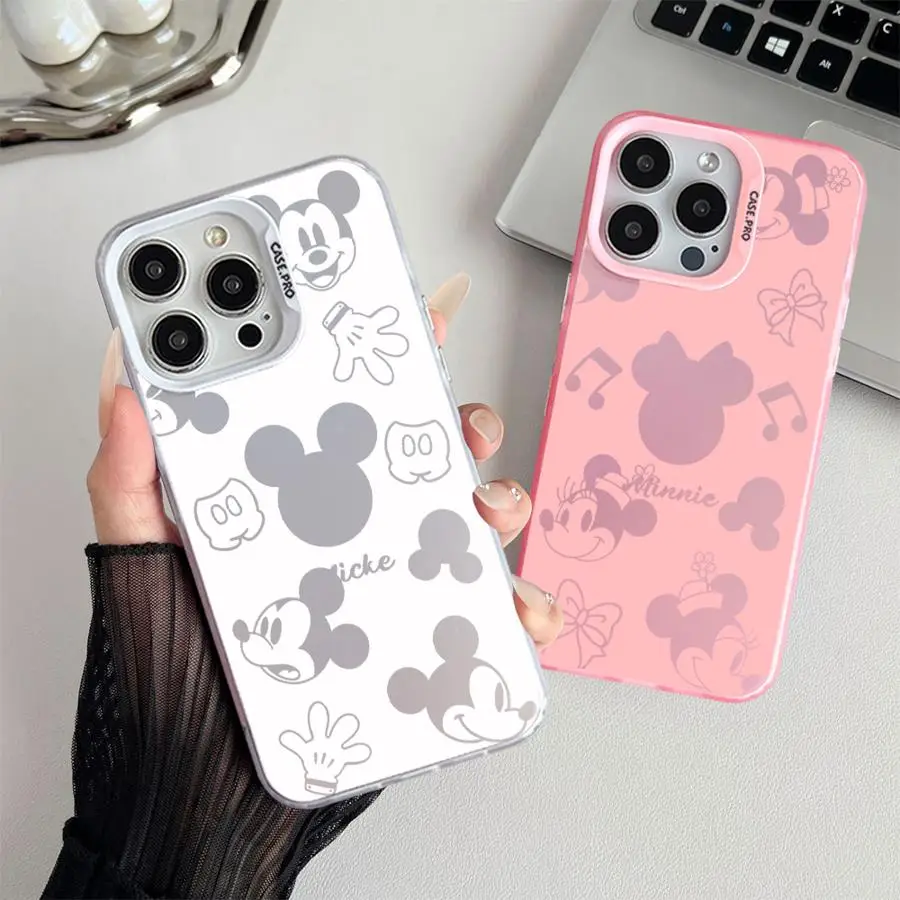 

Disney Mickey Minne Case for iPhone 16 15 Pro Max 14 Plus 13 12 11 13Pro 14Pro 15+ 16+ Luxury Funda Colored Silver Phone Cover
