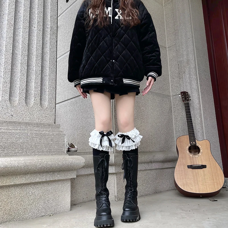 Vrouw Leuke Zwart Wit Kant Lolita vrouwen boog Sexy Fluwelen Kalf Sokken Cosplay Anime Ruffle JK Kalf Sokken