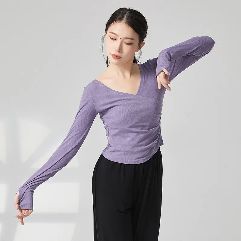 Blusa de manga larga con cuello en V cruzado para mujer, Top fruncido lateral para danza del vientre, disfraz para mujer, Ropa de baile de ejercicio