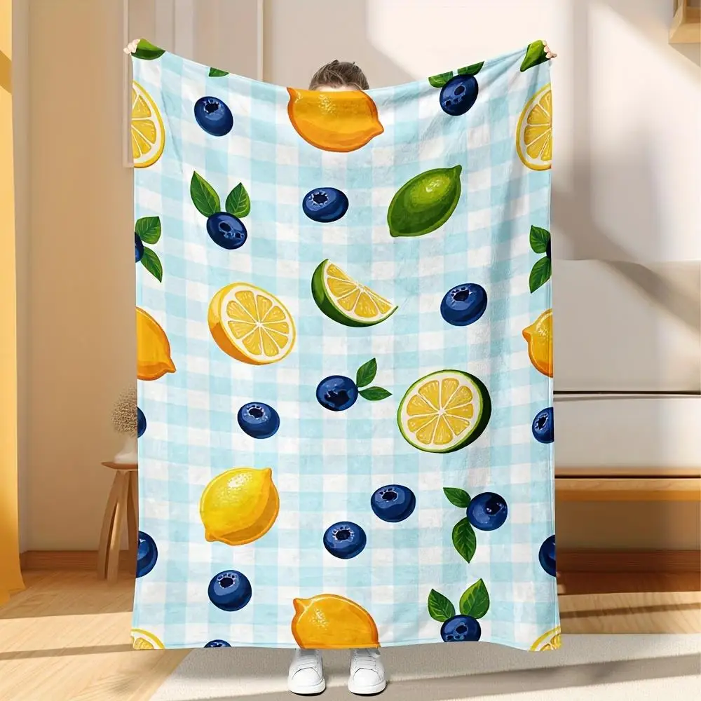 

Одеяло в клетку с фруктами — мягкое уютное для детей, яркий лимон, лайм и черничный дизайн на синем сетке, идеально подходит для спальни
