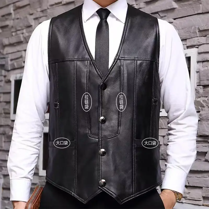 Men\'s Real Sheepskin Motorcycle Jacket, Leather Waistcoats, Large Size, Soft Black Vest, High-end Brand, Free Shipping, 2024
