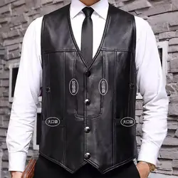 Men's Real Sheepskin Motorcycle Jacket, Leather Waistcoats, Large Size, Soft Black Vest, High-end Brand, Free Shipping, 2024