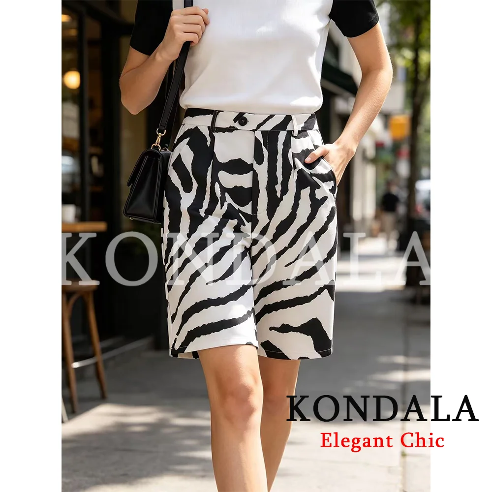 KONDALA Women Trendy Streetwear Zebra Print Bermuda Shorts Pocket Knee Length Pants New Fashion 2026 Summer Fall Cropped Pants