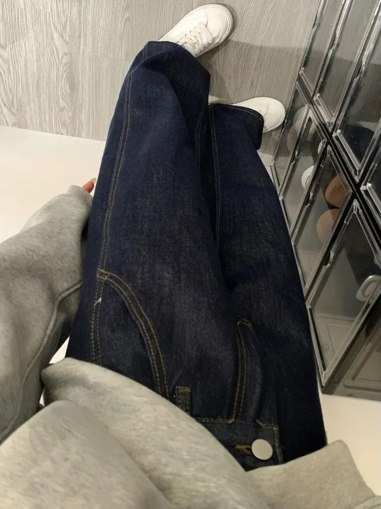 Jean à jambes larges doublé bleu profond pour femme, coupe ample, taille haute, coupe droite, automne hiver