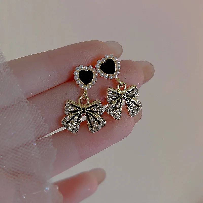 Elegant Fashion Crystal Pearl Sweet Heart Bow Earrings for Women Temperament Wedding Party Drop Earring Anniversary Gift Jewelry