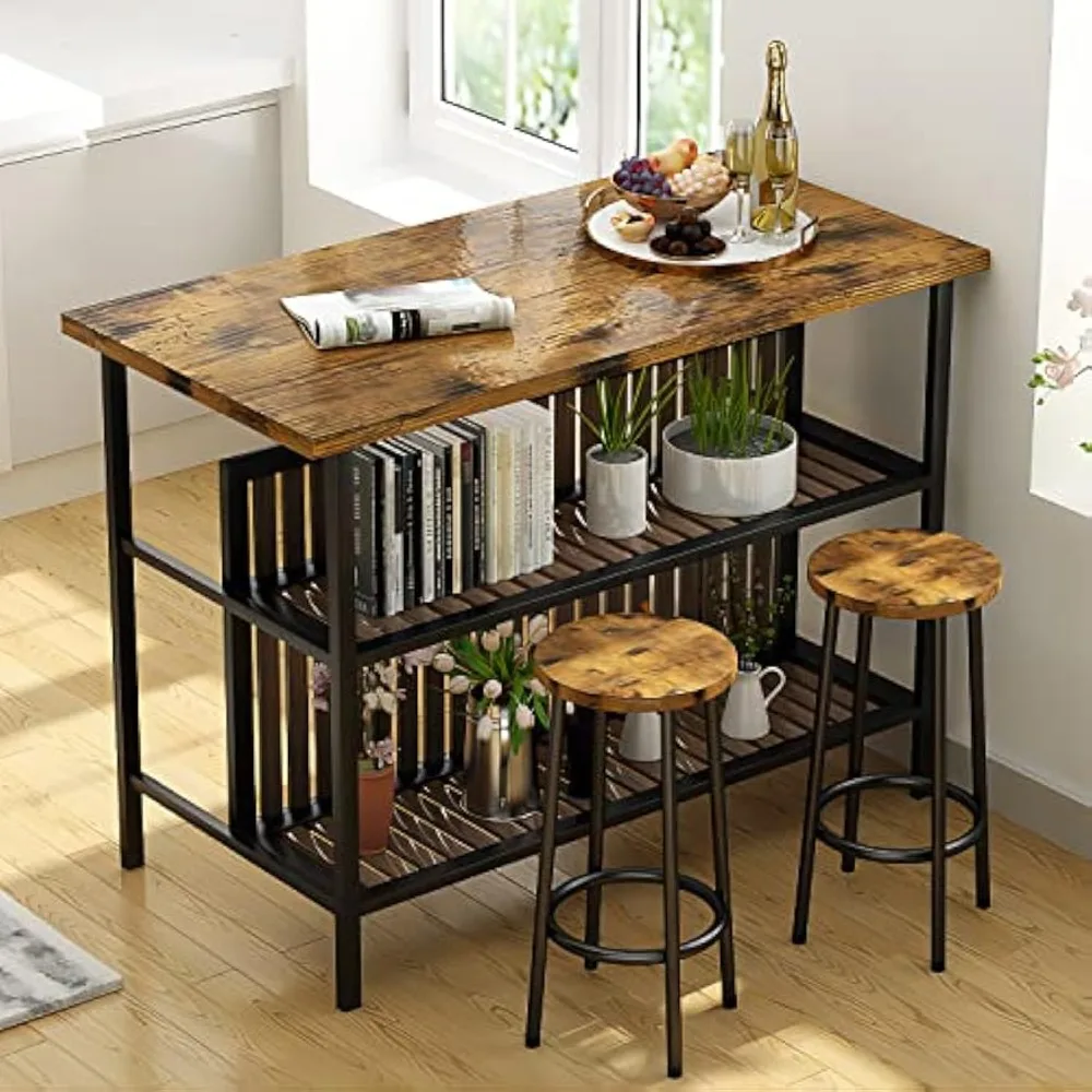 

3 Piece Bar Table and Chairs Set, Industrial Bar Table Set with Storage Shelves,Wooden Counter Height Table with 2 Bar Stools,M