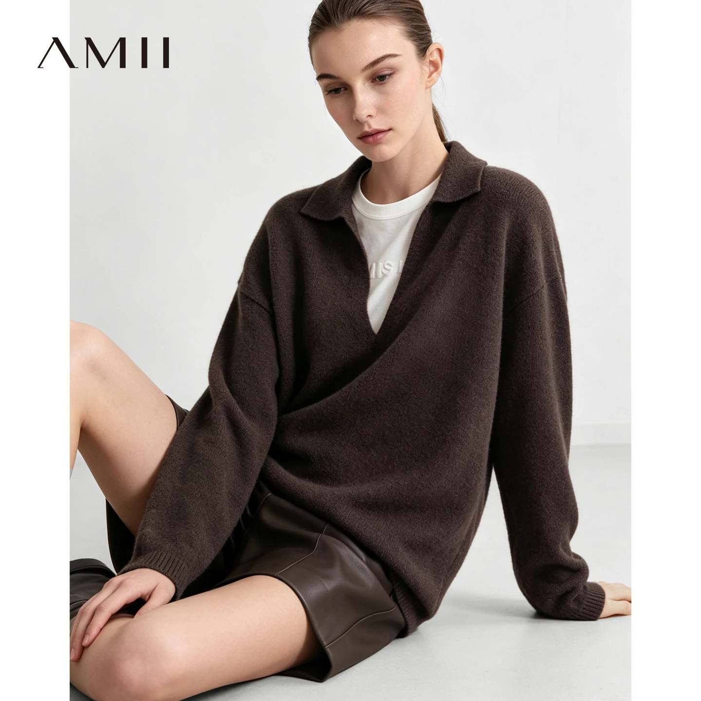 AMII Women's Wide-Leg Pants Lapel Drop Shoulder Sweater Casual Outfit 2026 Winter Knit Tops High Waist Trouser Separate 12624128