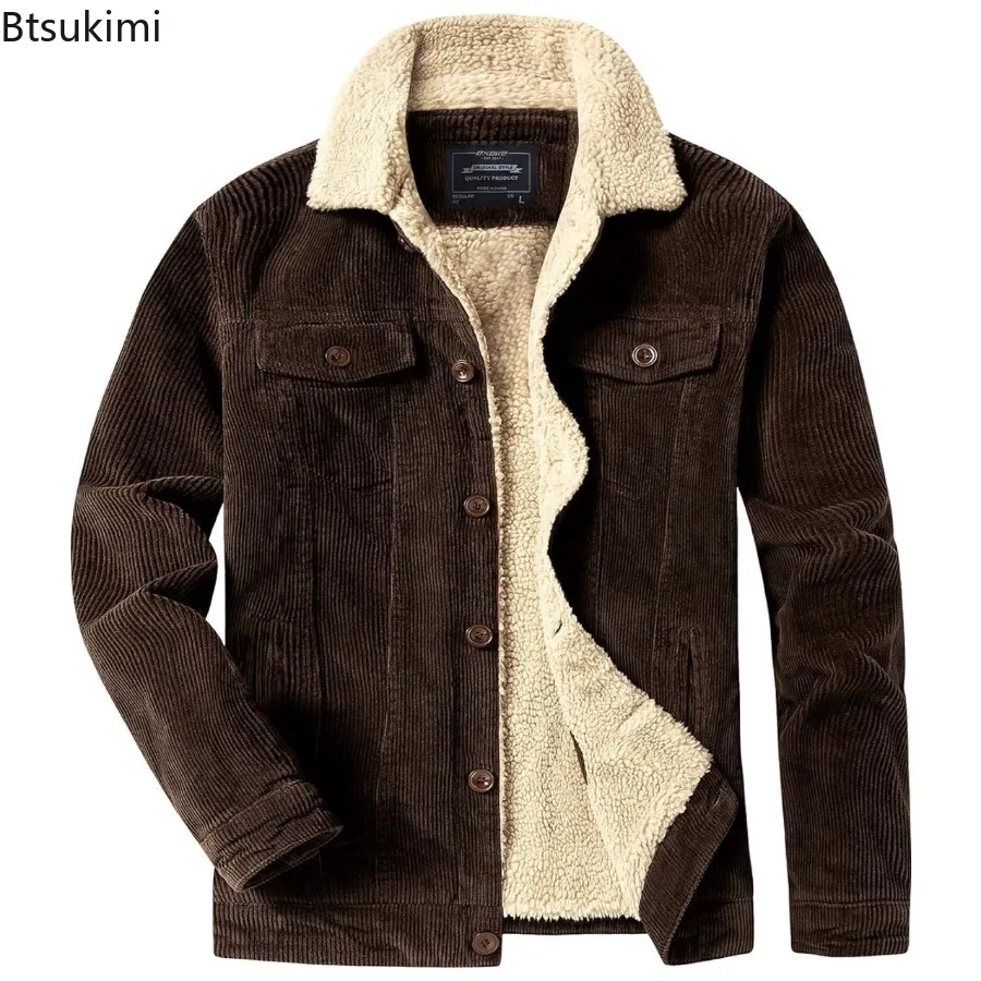 Men Winter Corduroy Short Jacket Turn Down Collar Fleece Lined Padded Warm Loose Fit Full Zipper Casual Solid Outerwear for Male