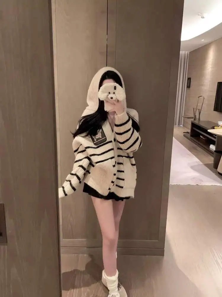 Faionable مخطط الكلب هوديي سترة المرأة شيك الخريف وصول جديد دافئ طويل Sve معطف أمامي مفتوح Sli تخفيف Sle #4