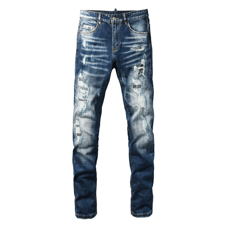 

Designer Fashion New Men's Jeans with Wrinkles, Perforations, Painted, Washed, Nostalgic, Elastic, Slim Fit, Retro Blue Jeans, H