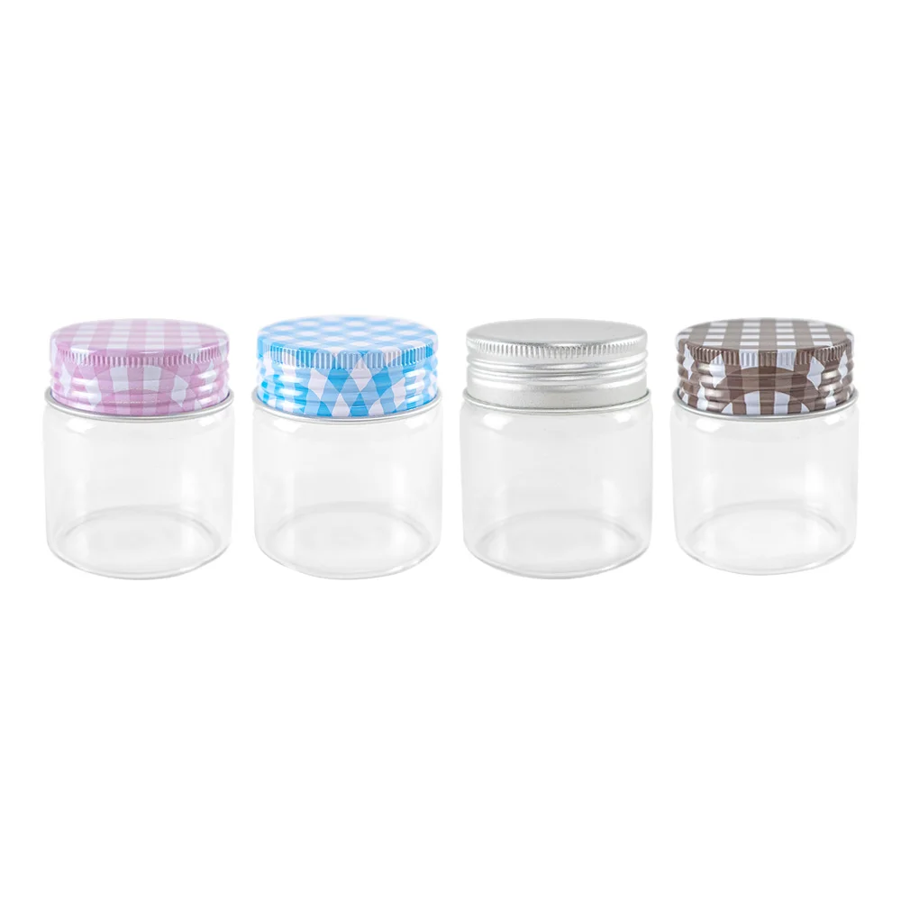 

6Pcs 50ml Clear Glass Vials have Pink Brown Blue Silver Aluminum Lid Gifts Crafts Cosmetic Jar Wishing Bottle Refillable Bottles