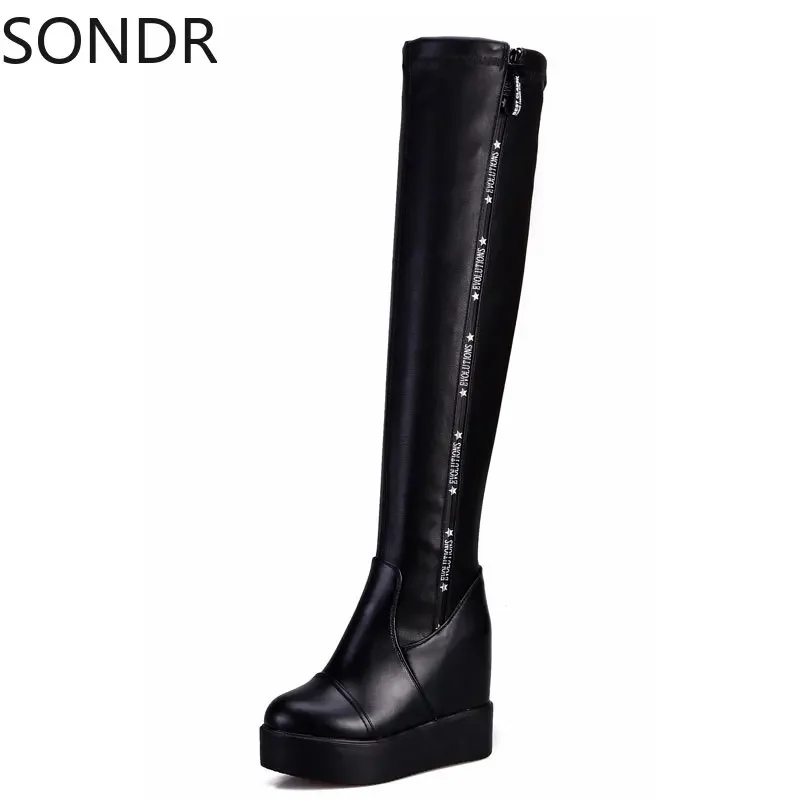 Womens Punk Over Knee High Thigh Boots Hidden Wedge Heels Stretchy Platform Shoes Black Zipper Warm Winter