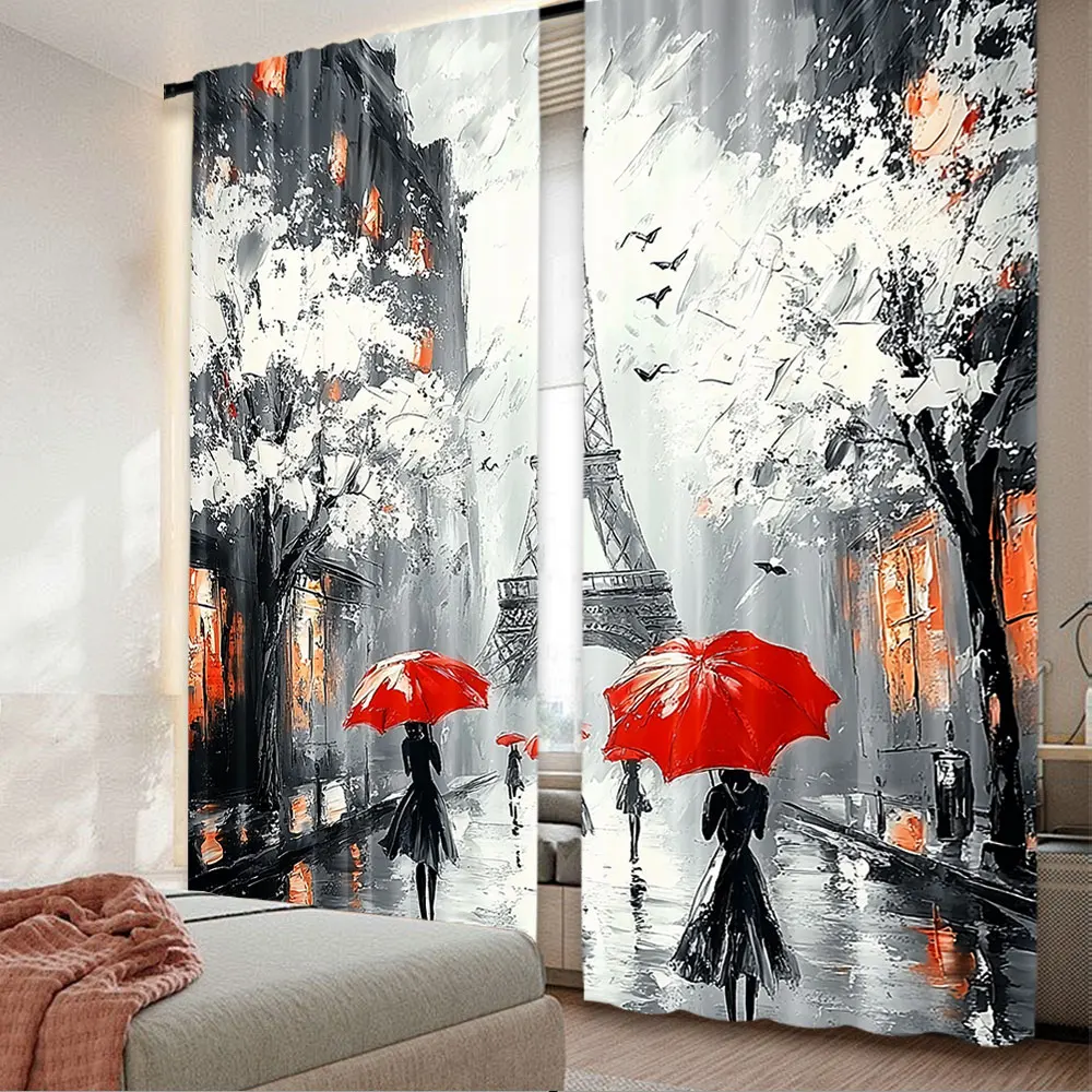 2Pcs Curtain Paris Eiffel Tower City Landscape Art France Colorful Suitable For Living Room Bedroom Kitchen And Bathroom