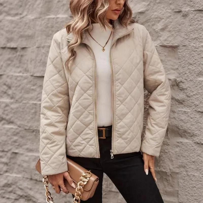 

Women's Beige Diamond Quilted Coat Lightweight Stand Collar Daily Casual Outerwear For 2025 Simple Autumn Winter Jackets Woman